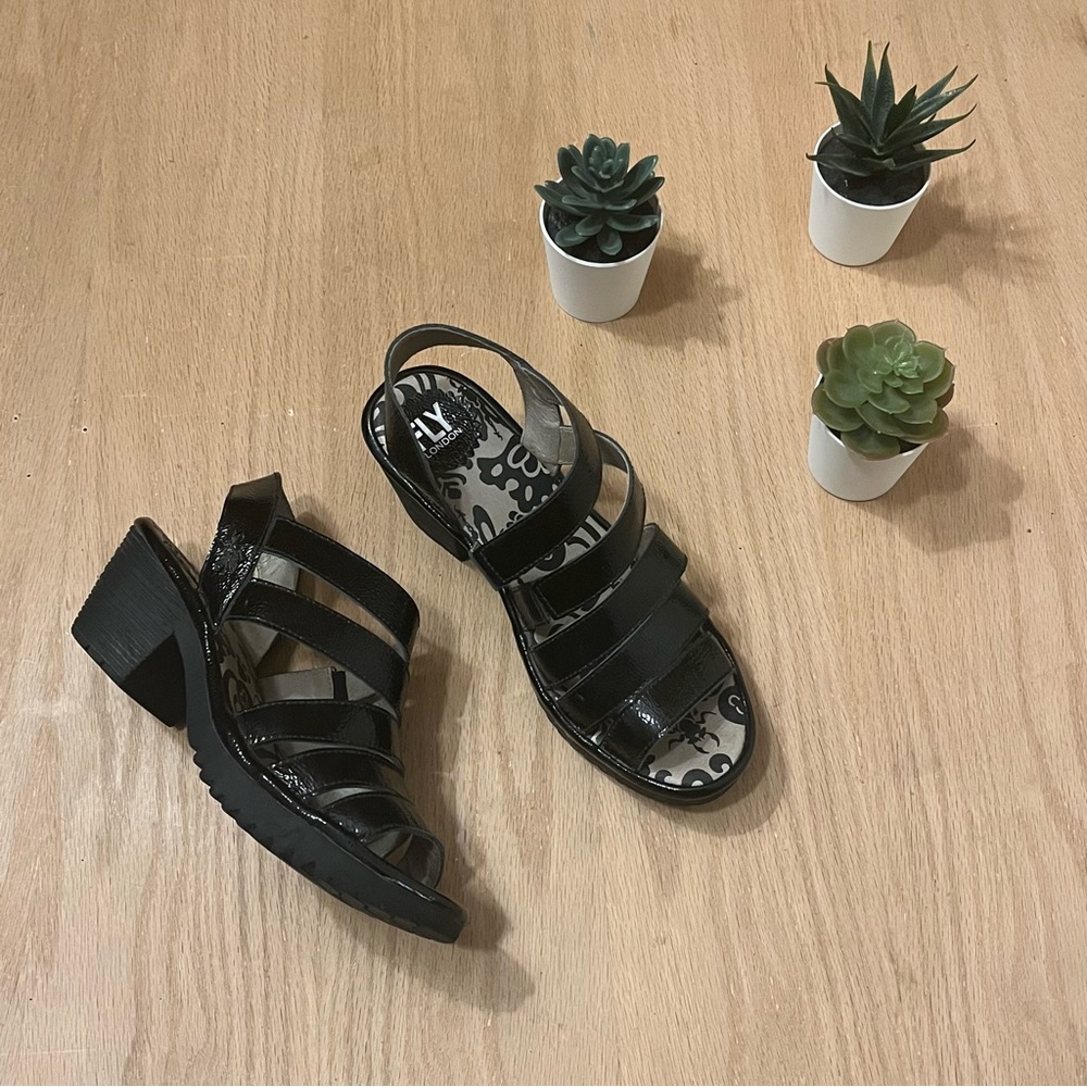 Fly London Woze Patent Leather Multi-Strap Heeled Sandals in Black - Picture 1 of 9